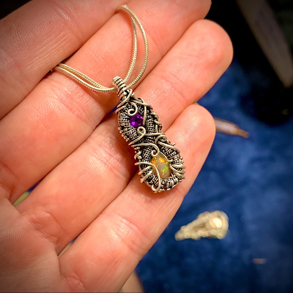Fire opal & faceted Iolite wirewrap pendant